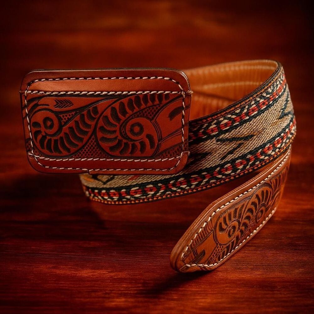 AMERICAN VINTAGE Unisex Western Leather Belt | Tooled, Engraved, Embroidered.